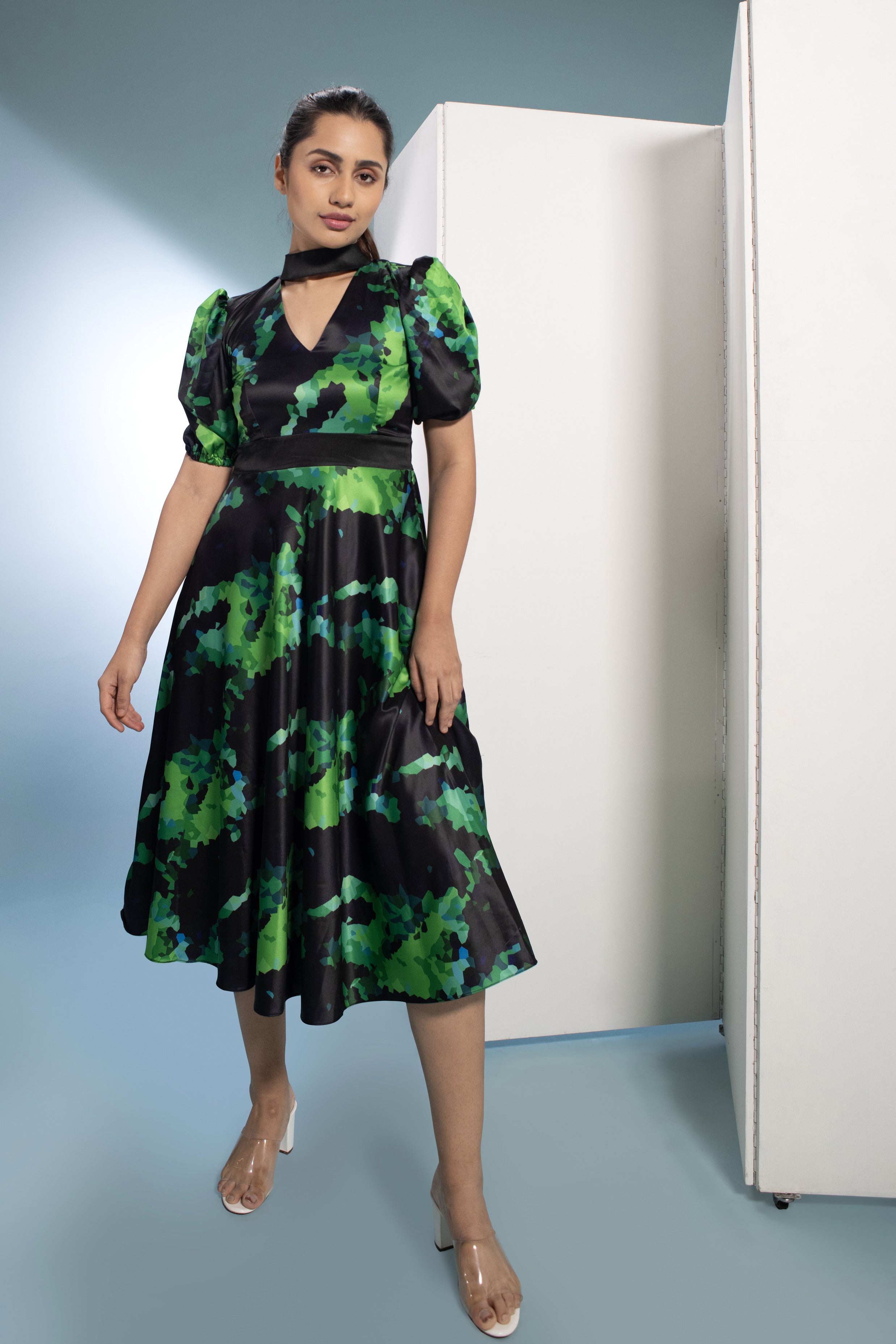 Green Animate Fit and Flare Dress
