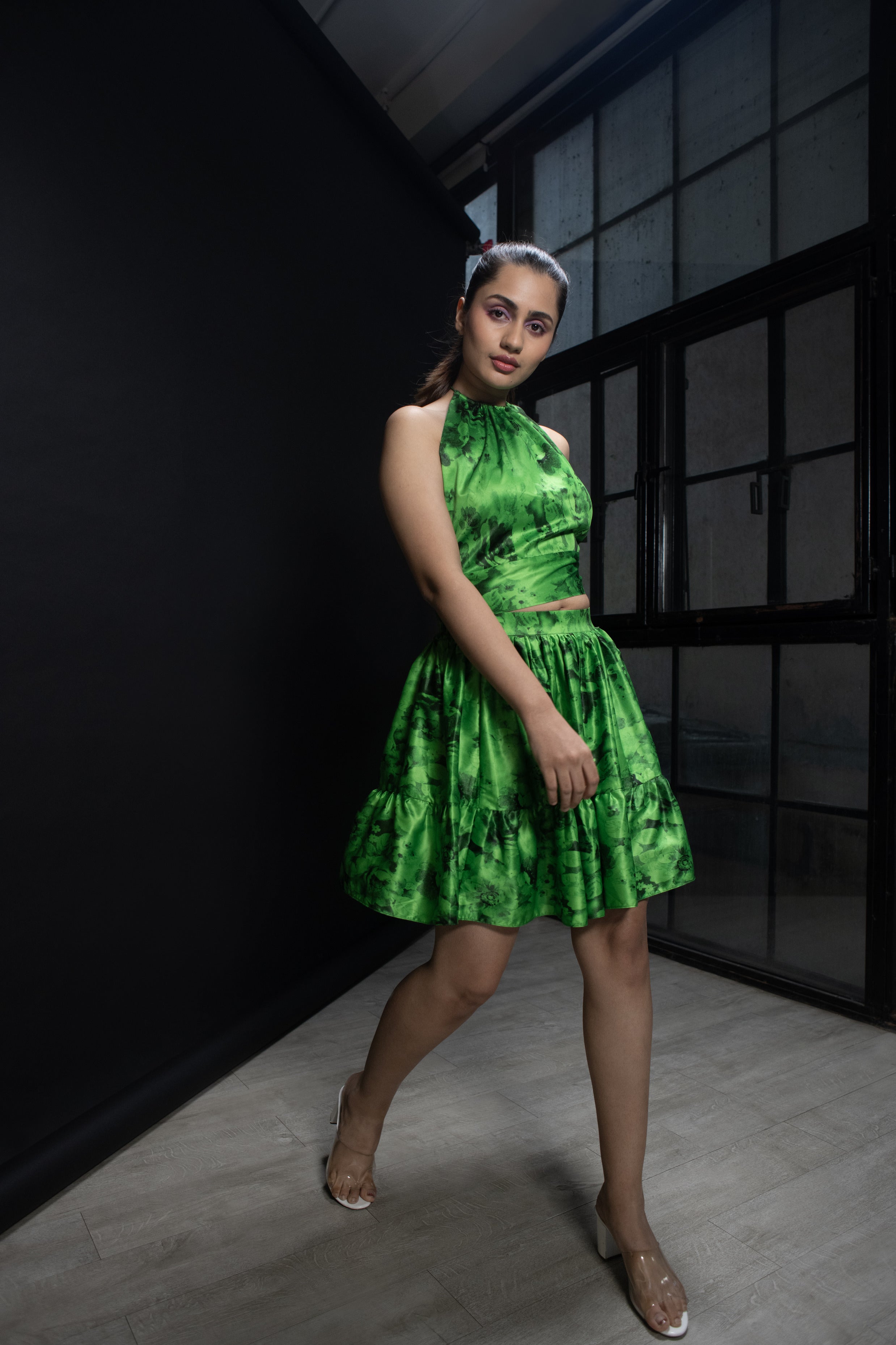 Green Floral Asymetrical Skirt & halter neck