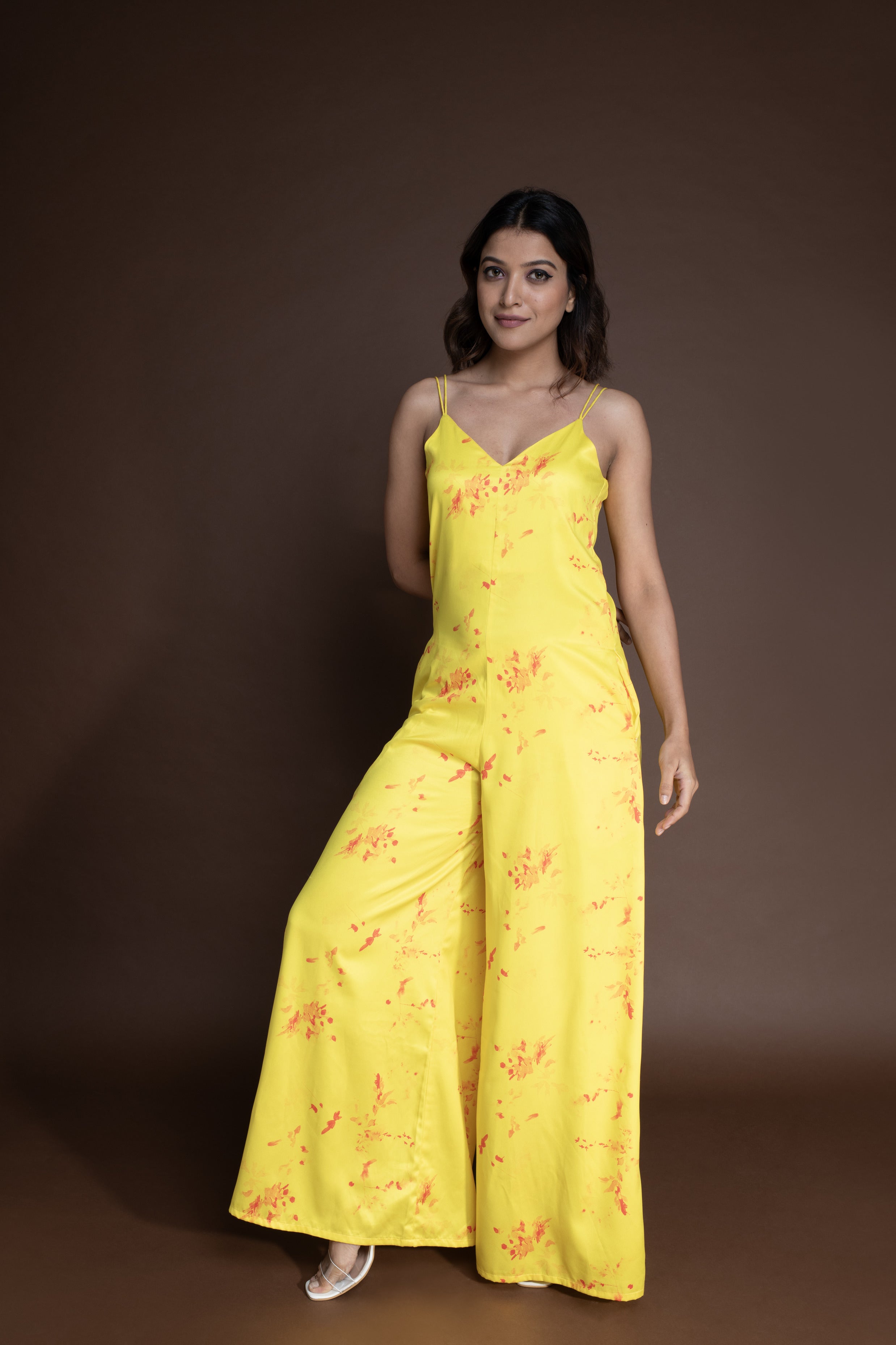 Orange Floral Slip on Jumpsuit