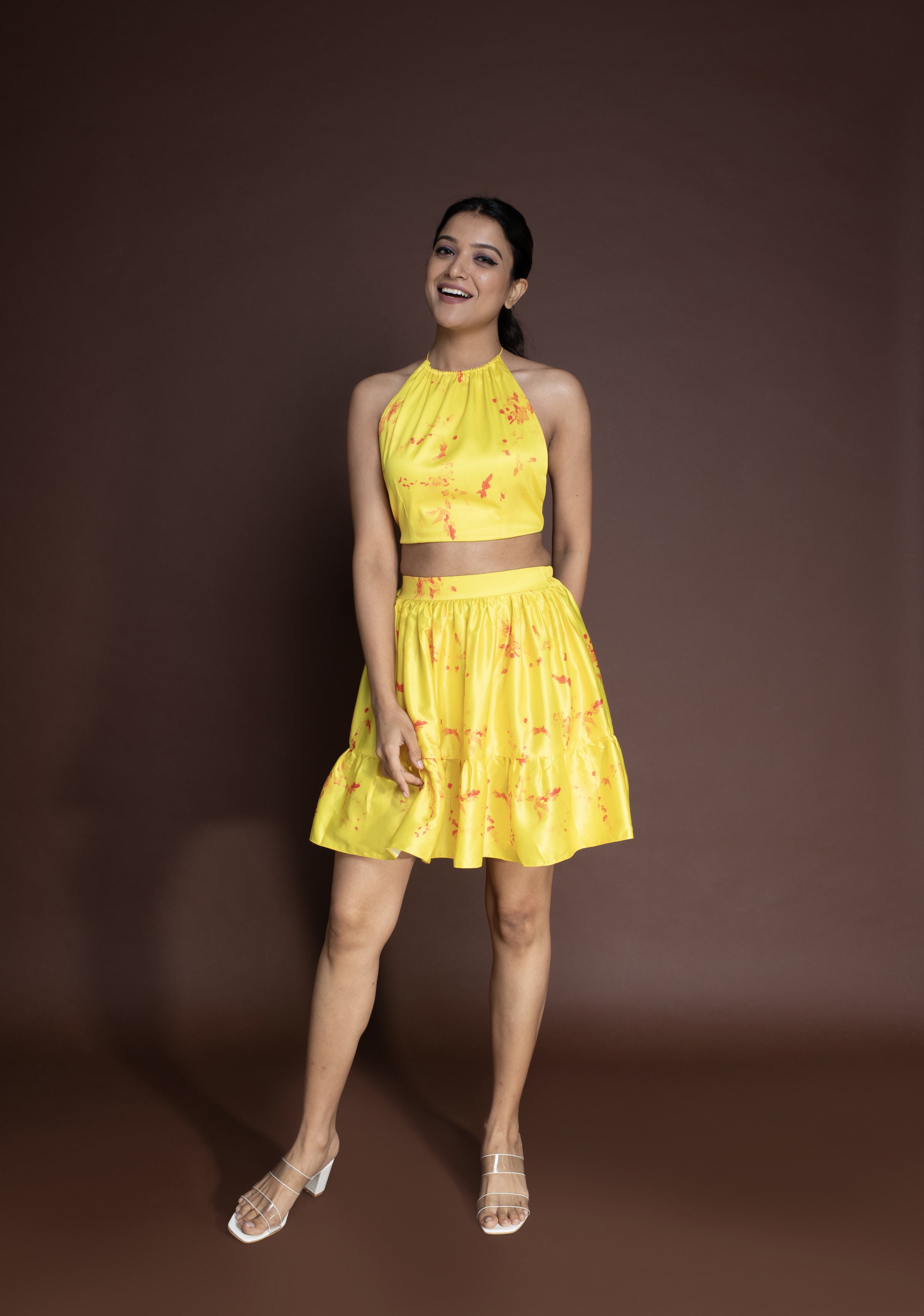 Orange Floral Asymetrical Skirt & Halter neck