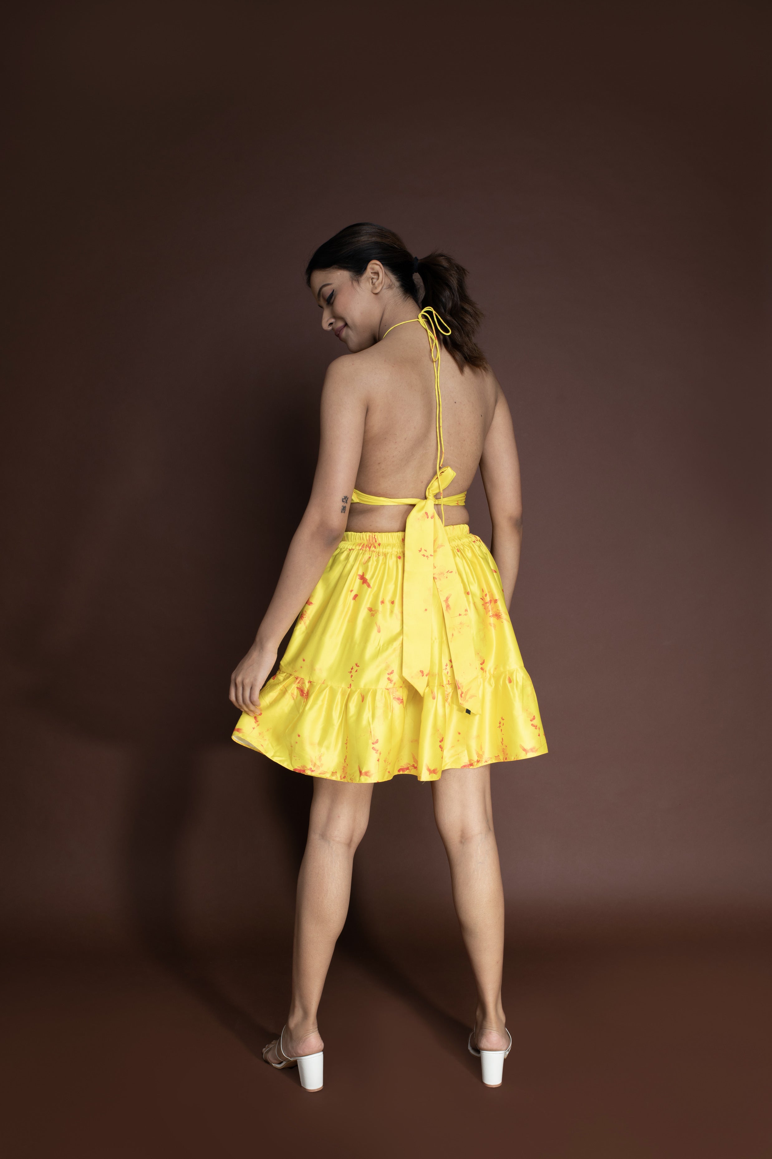 Orange Floral Asymetrical Skirt & Halter neck
