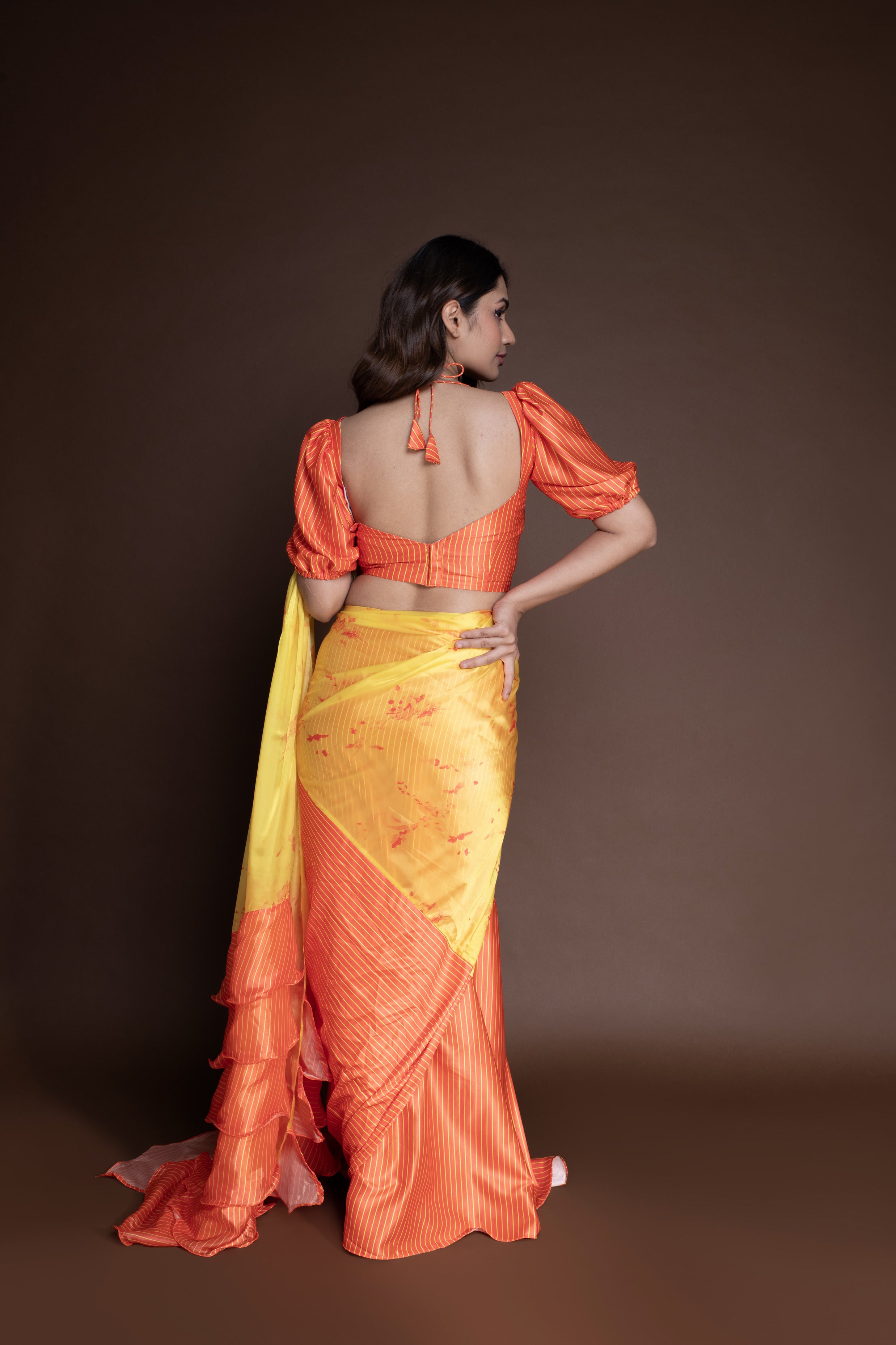 Orange Floral Saree (Saree Only)