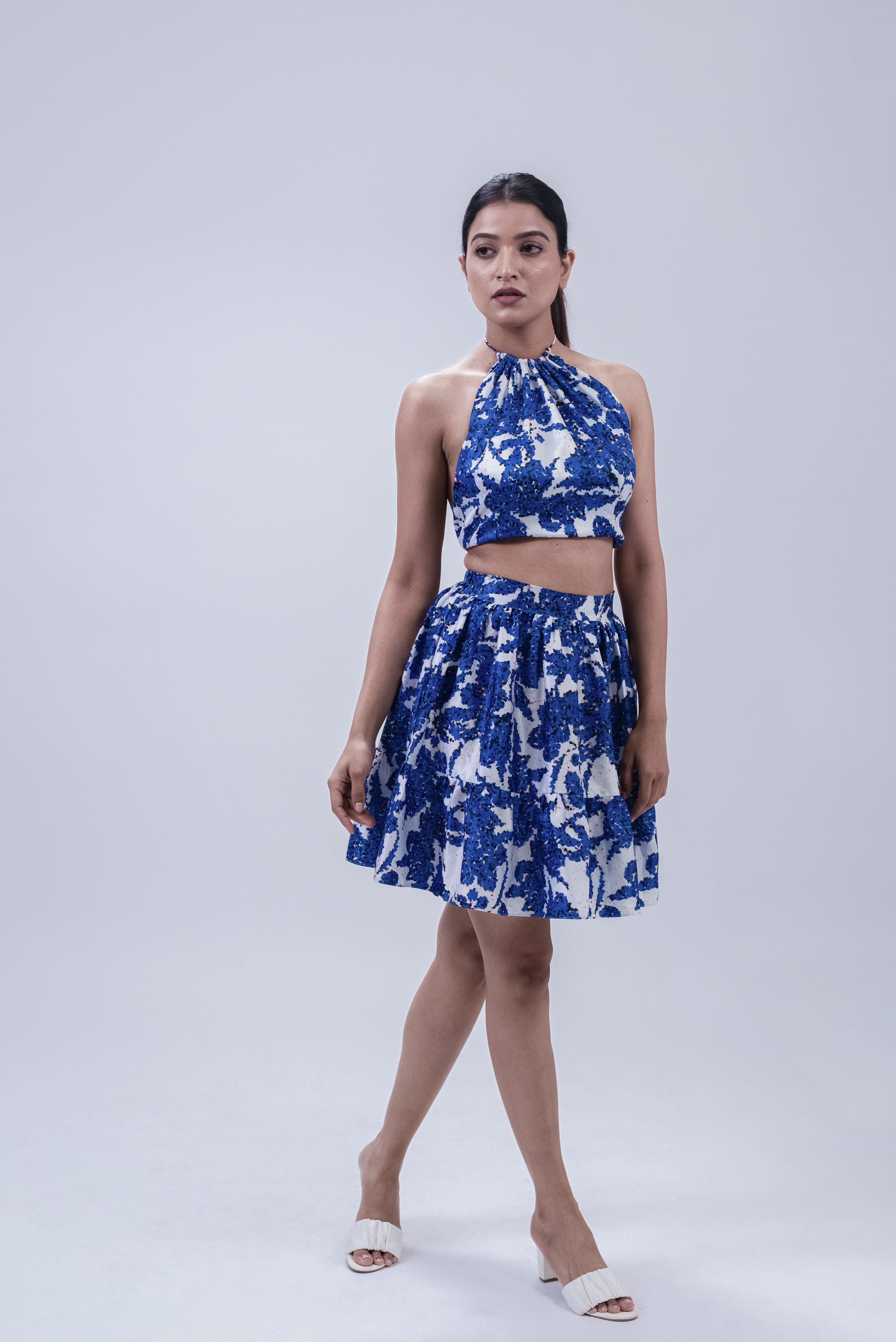 Blue Floral Asymetrical Skirt & halter neck