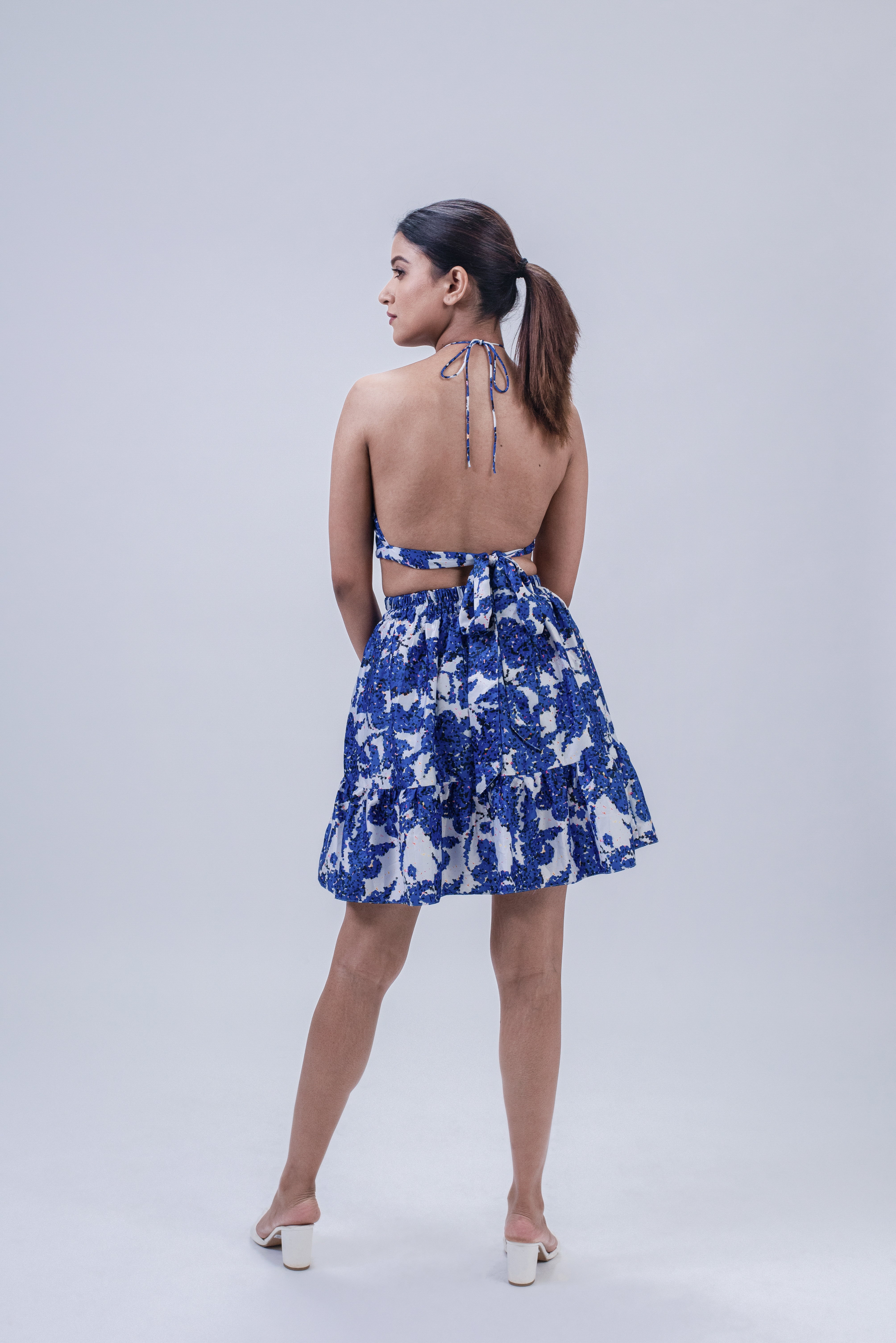 Blue Floral Asymetrical Skirt & halter neck