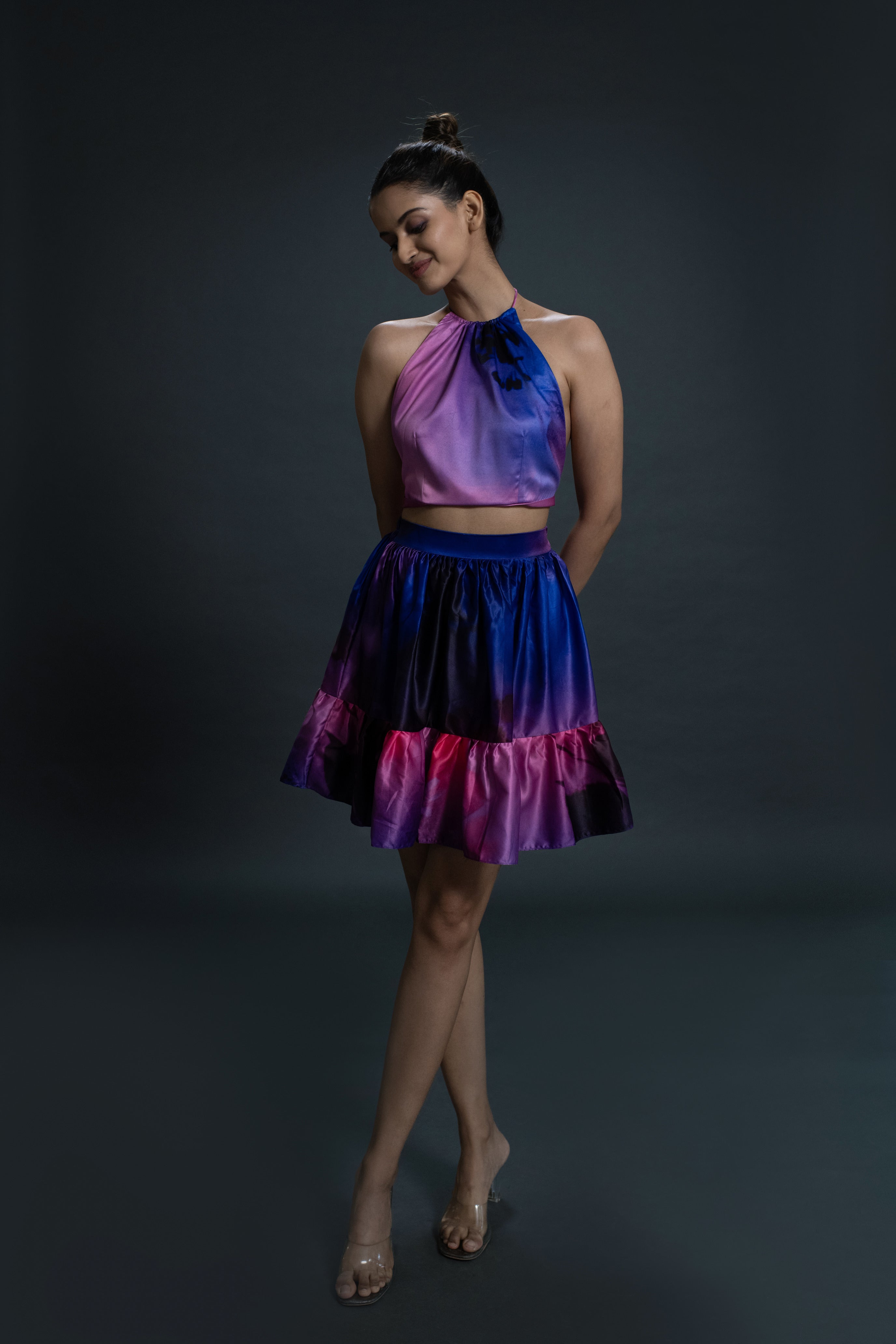 Purple Melange Asymetrical Skirt & halter neck