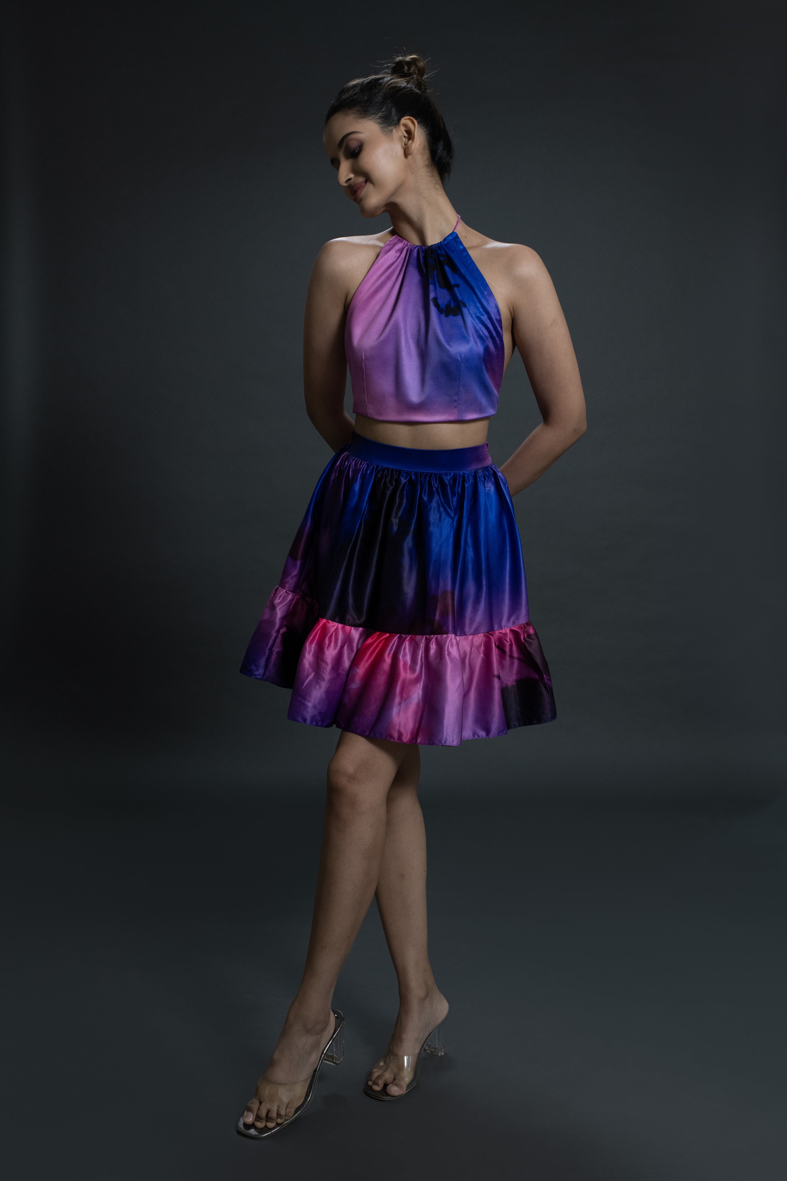 Purple Melange Asymetrical Skirt & halter neck