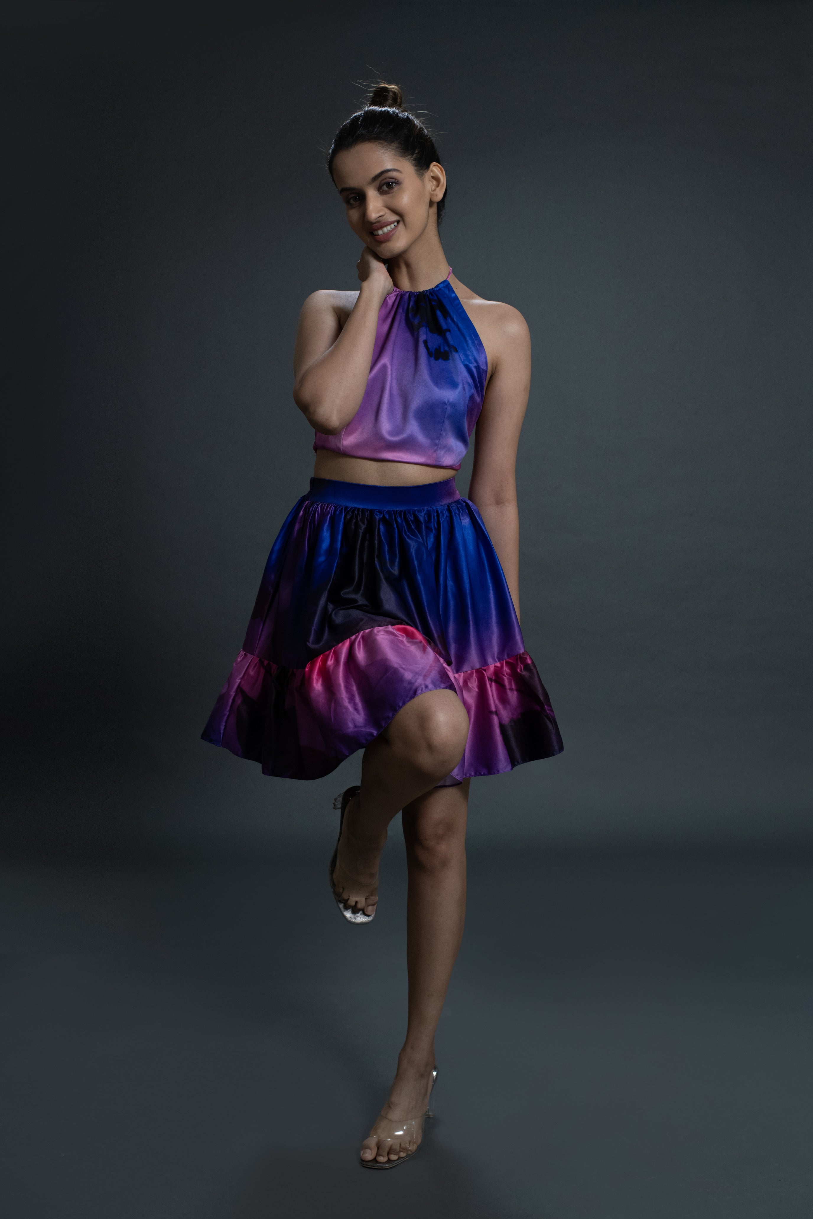 Purple Melange Asymetrical Skirt & halter neck