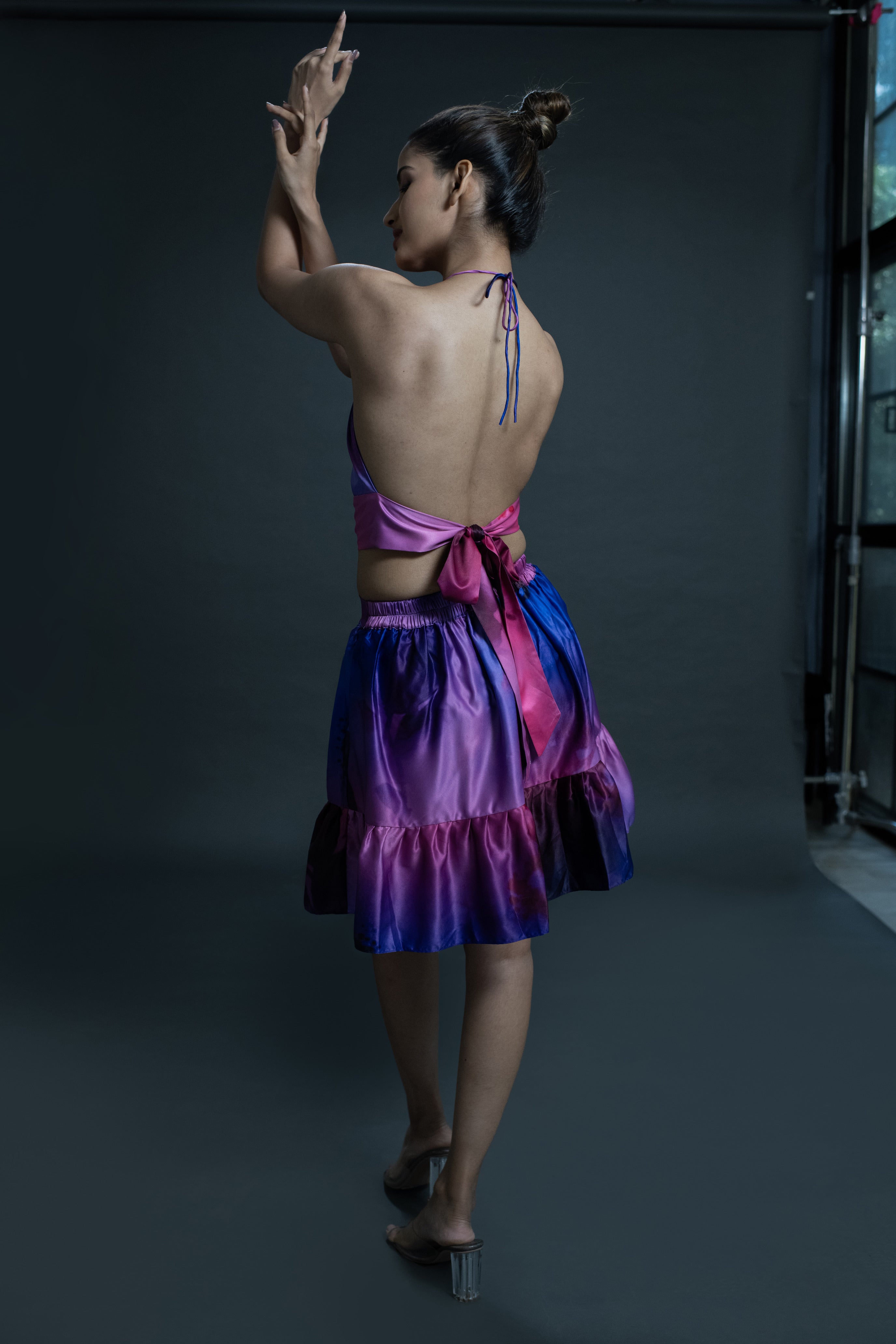 Purple Melange Asymetrical Skirt & halter neck