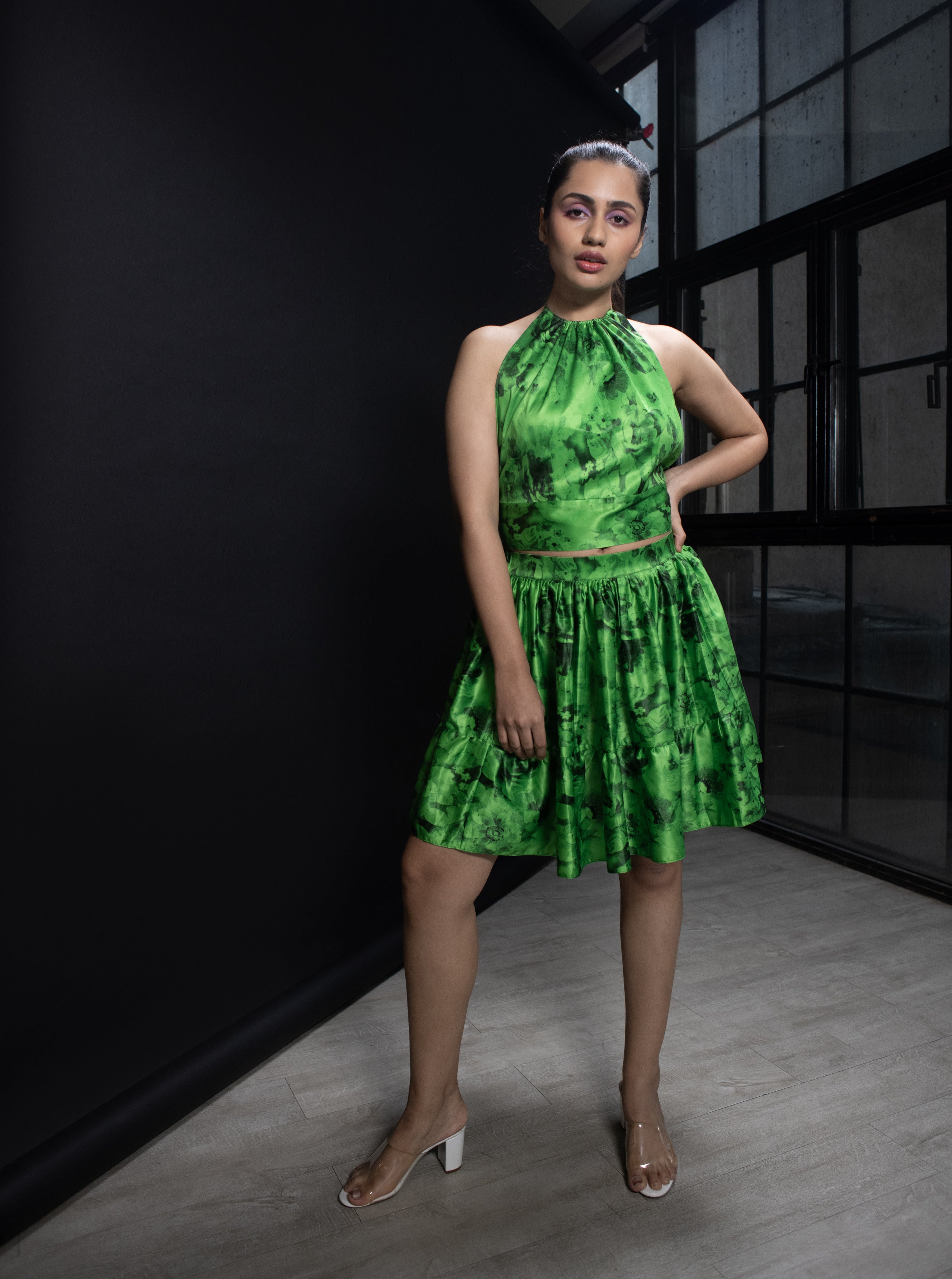 Green Floral Asymetrical Skirt & halter neck