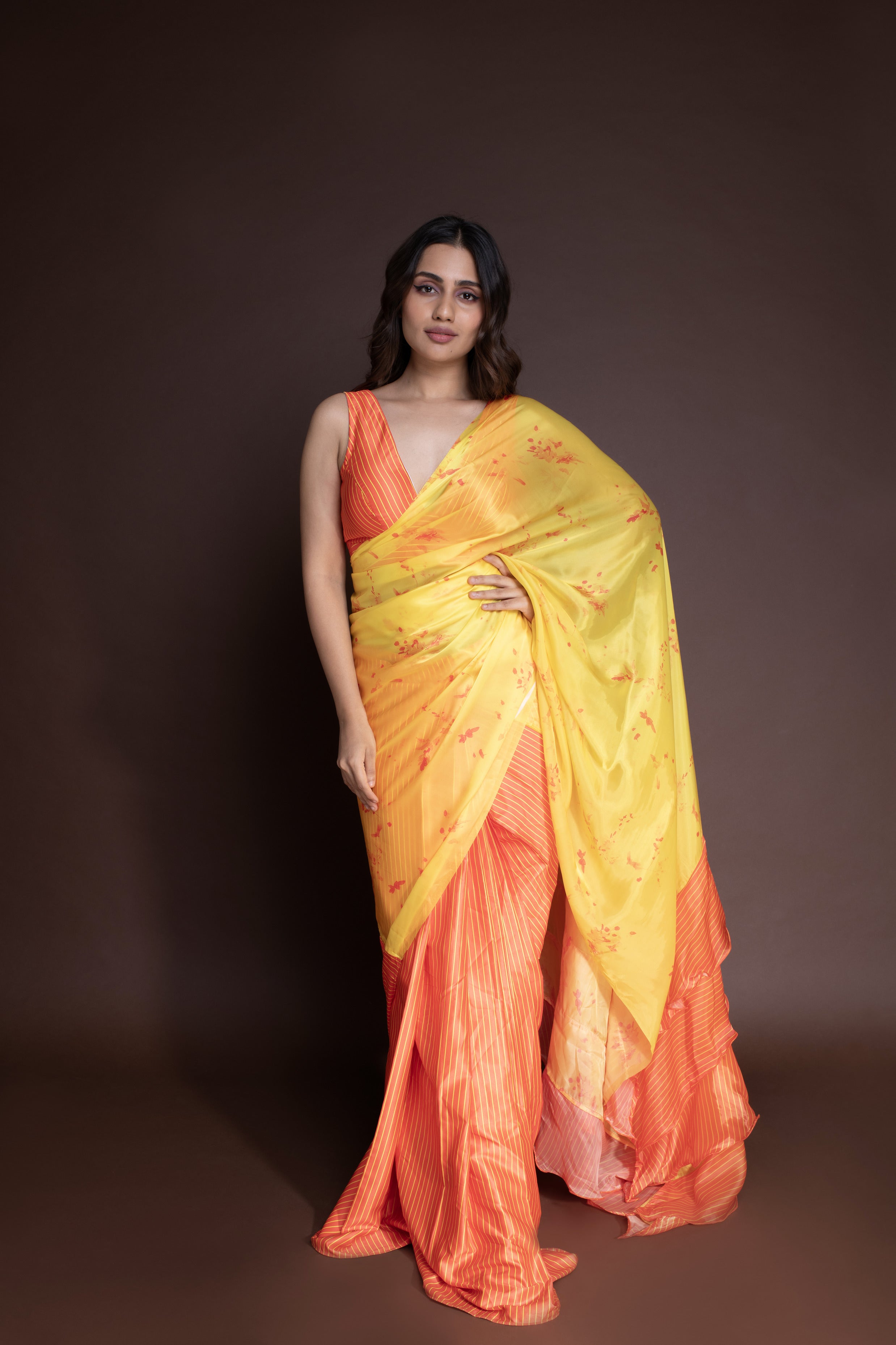 Orange Floral Saree (Saree Only)