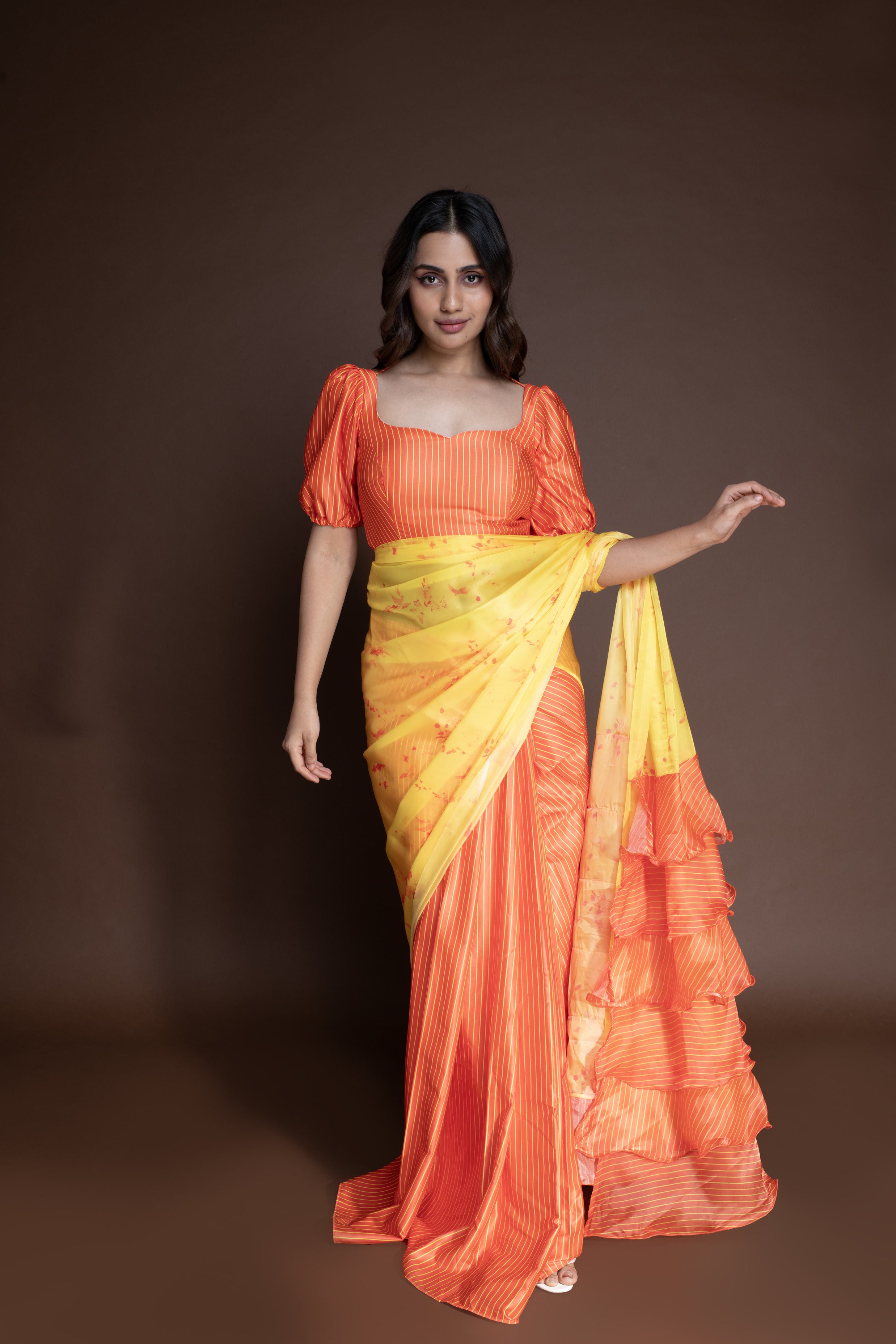 Orange Floral Saree (Saree Only)