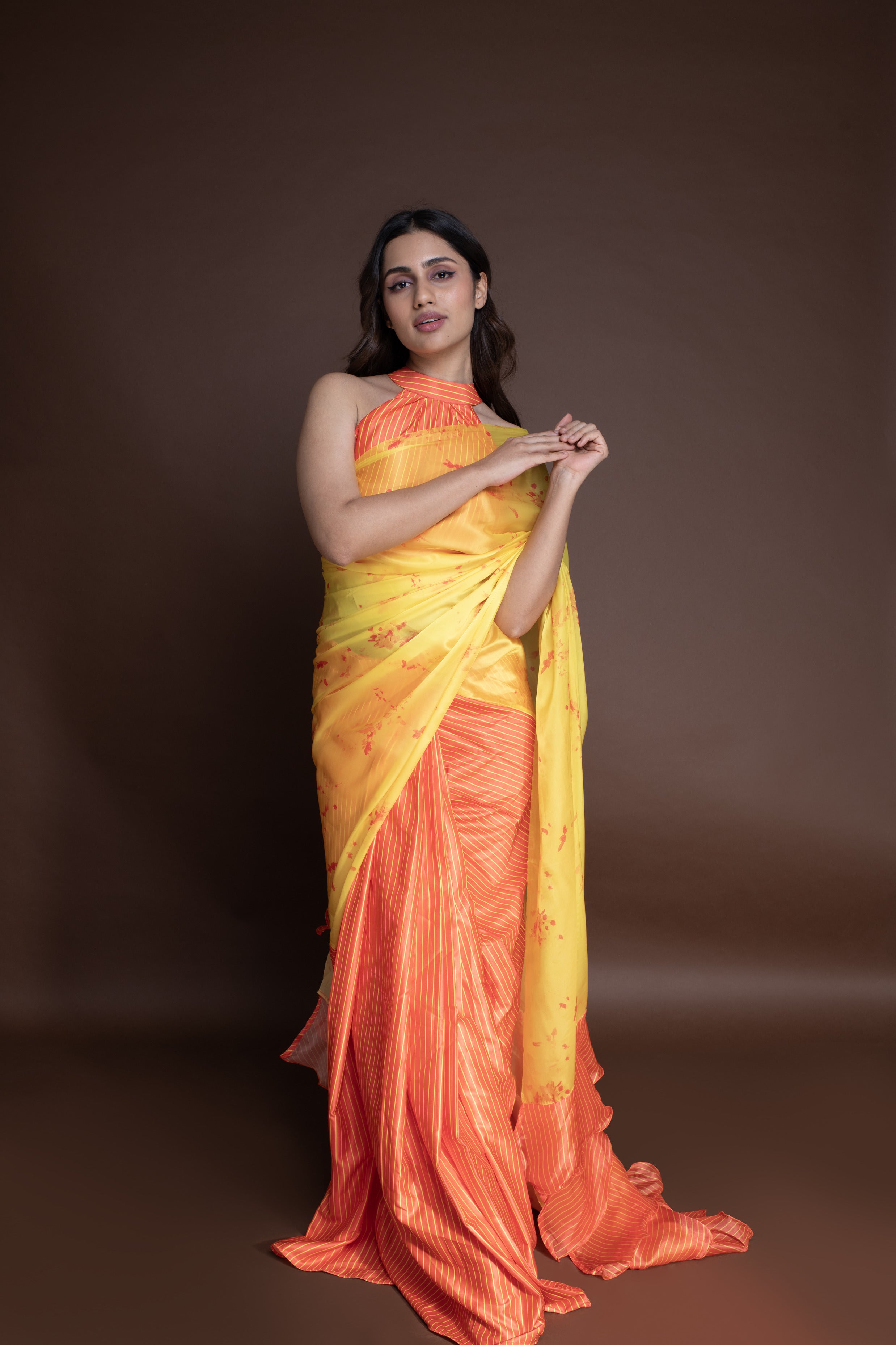 Orange Floral Saree (Saree Only)