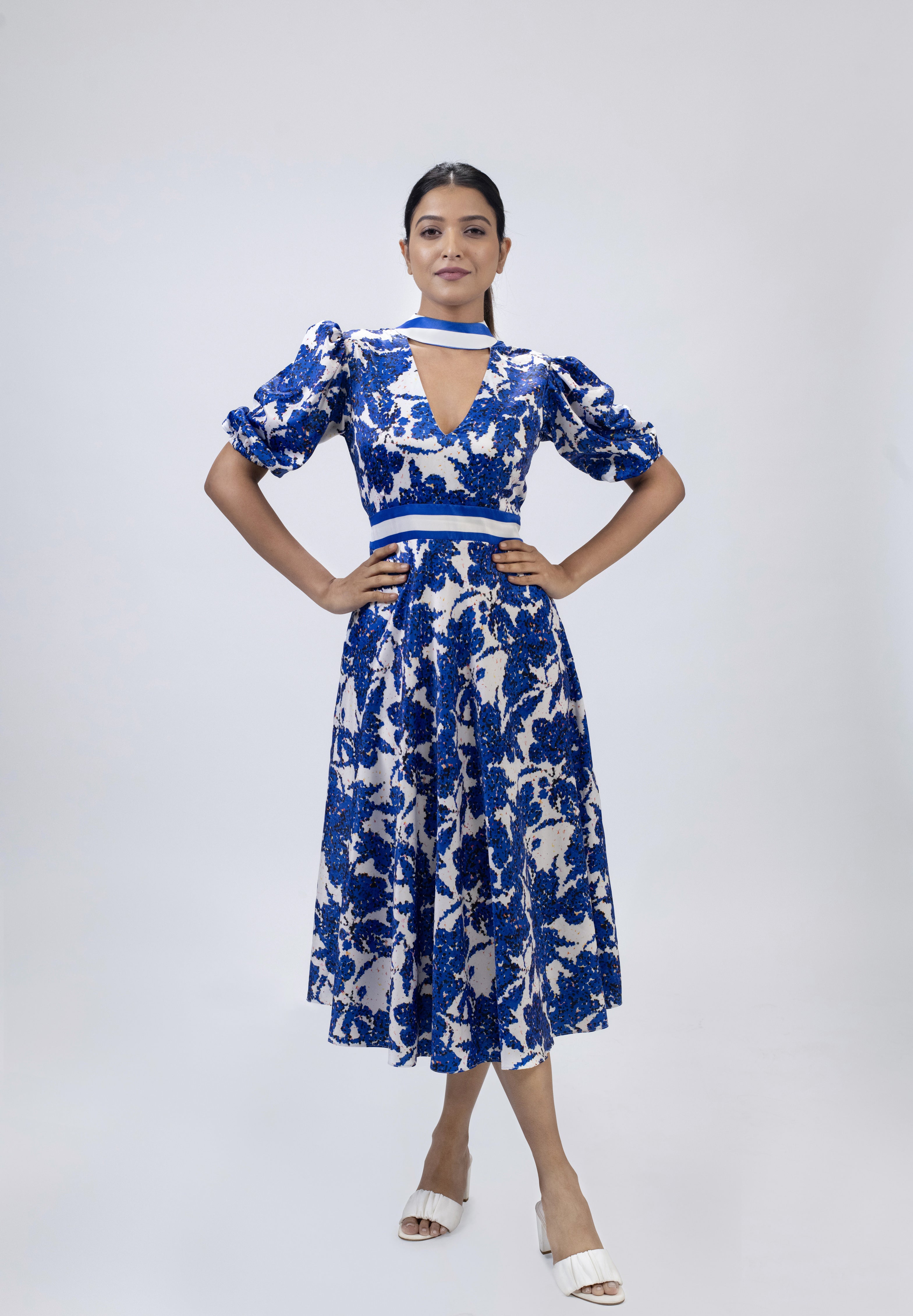 Blue floral fit and flare fashion dress